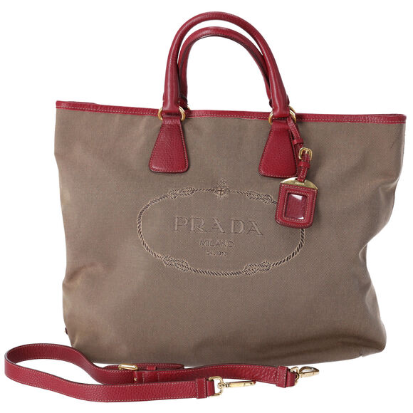 PRADA Logo Jacquard Tote Bag Neutral Tan Bordeaux Jacquard Leather Bags